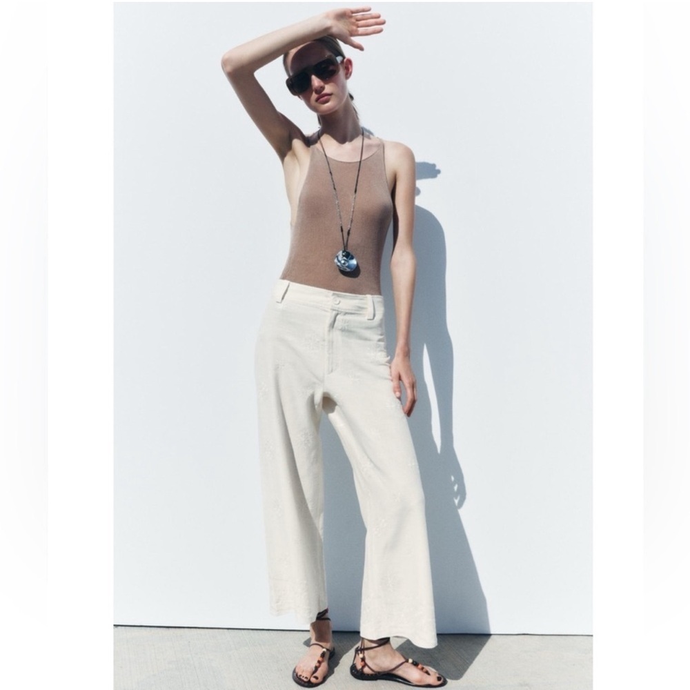 Zara ZW Collection Embroidered Ecru Linen Blend Pants XS